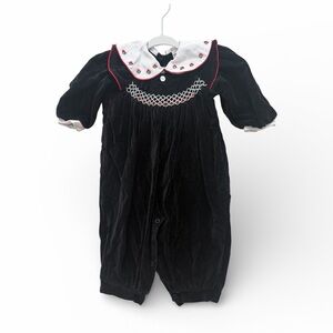 Baby Smocked Romper Black Velvet Floral Embroidery 12 to 18 Months Vintage Style